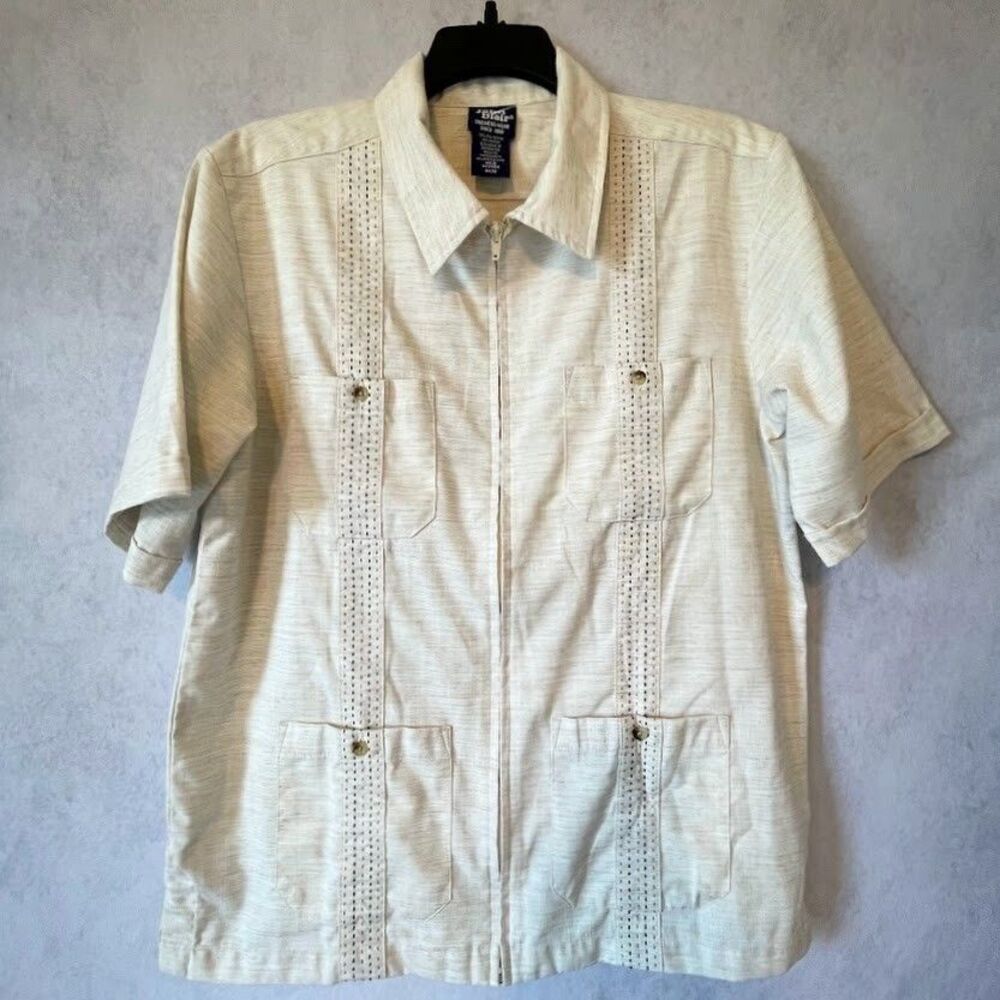 John Blair Shirt Mens Medium Ivory Short Sleeve Zip Up Retro Shirt NEW!